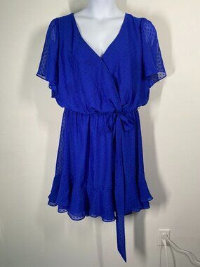 Polka Dot Sheer Royal Blue 22w Wrap Dress With Flutter Sleeves & Tie Waist